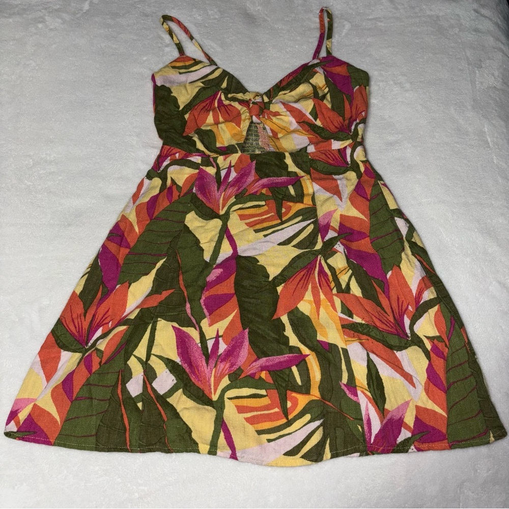 Rewind Linen Blend Lemon Sorbet Peak-a-boo Tropical Print Sundress Size Small